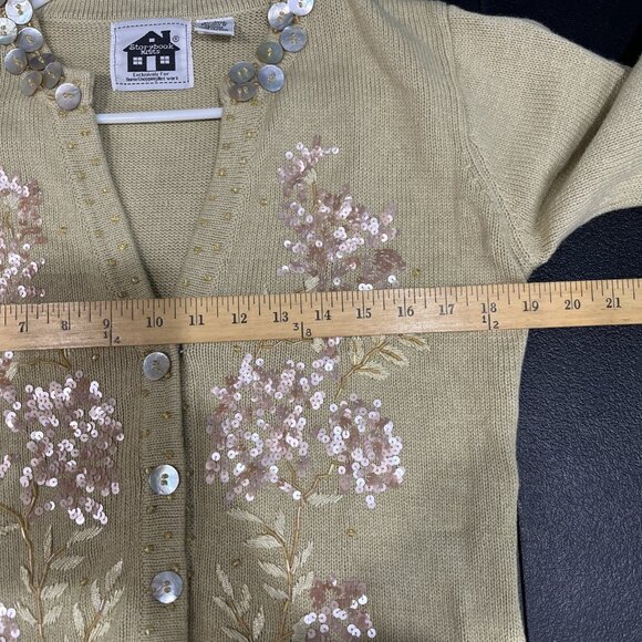 Storybook Knits Cardigan Womens S Tan Knit Embellished Beaded Floral Cottage - Picture 7 of 8